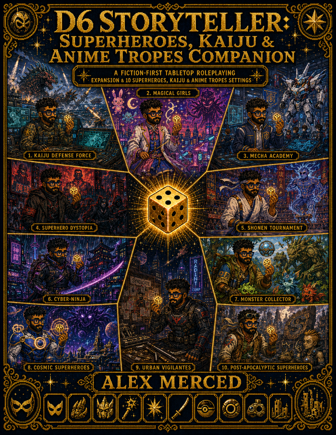 Pixel-art cover of D6 Storyteller: Superheroes, Kaiju & Anime Tropes Companion by Alex Merced
