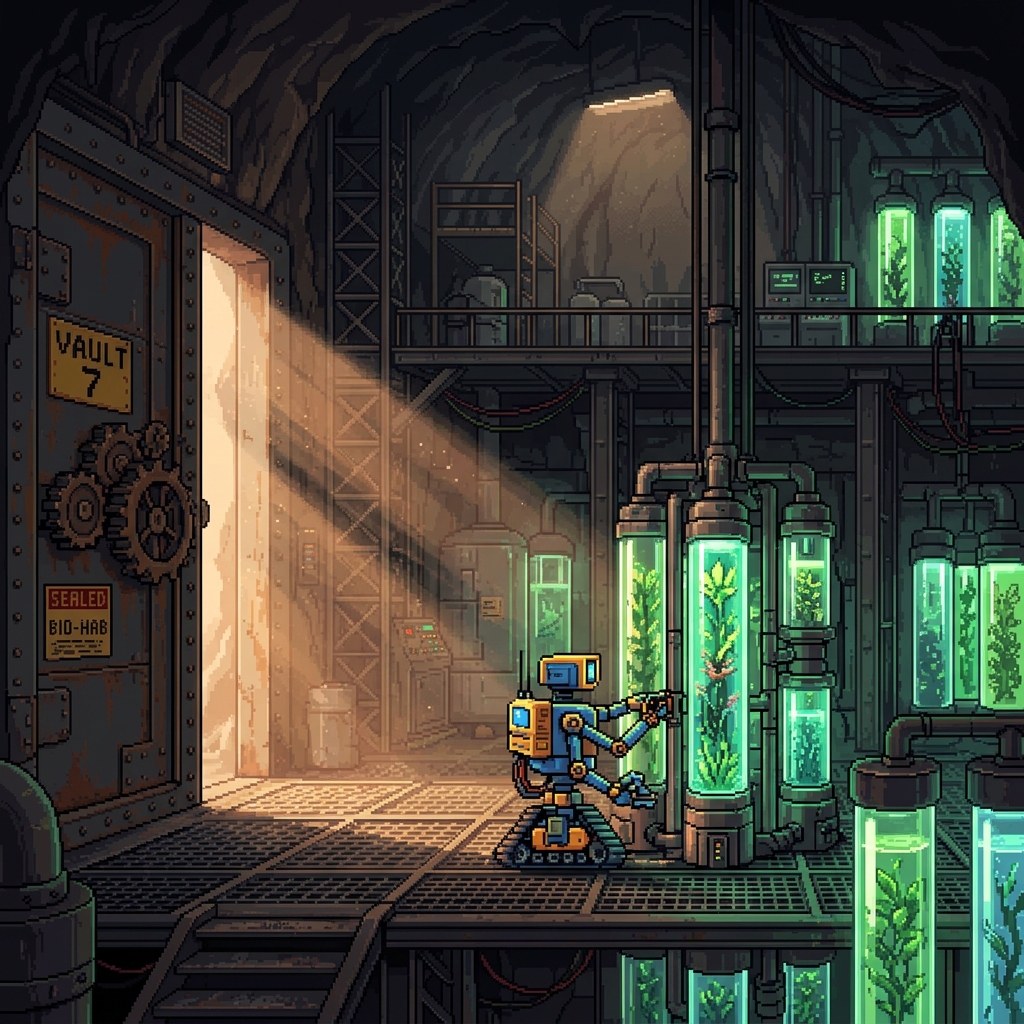 Pixel art maintenance droid tending glowing botanical hydroponic tubes in a vast subterranean vault, dusty light beams breaking through heavy steel doors