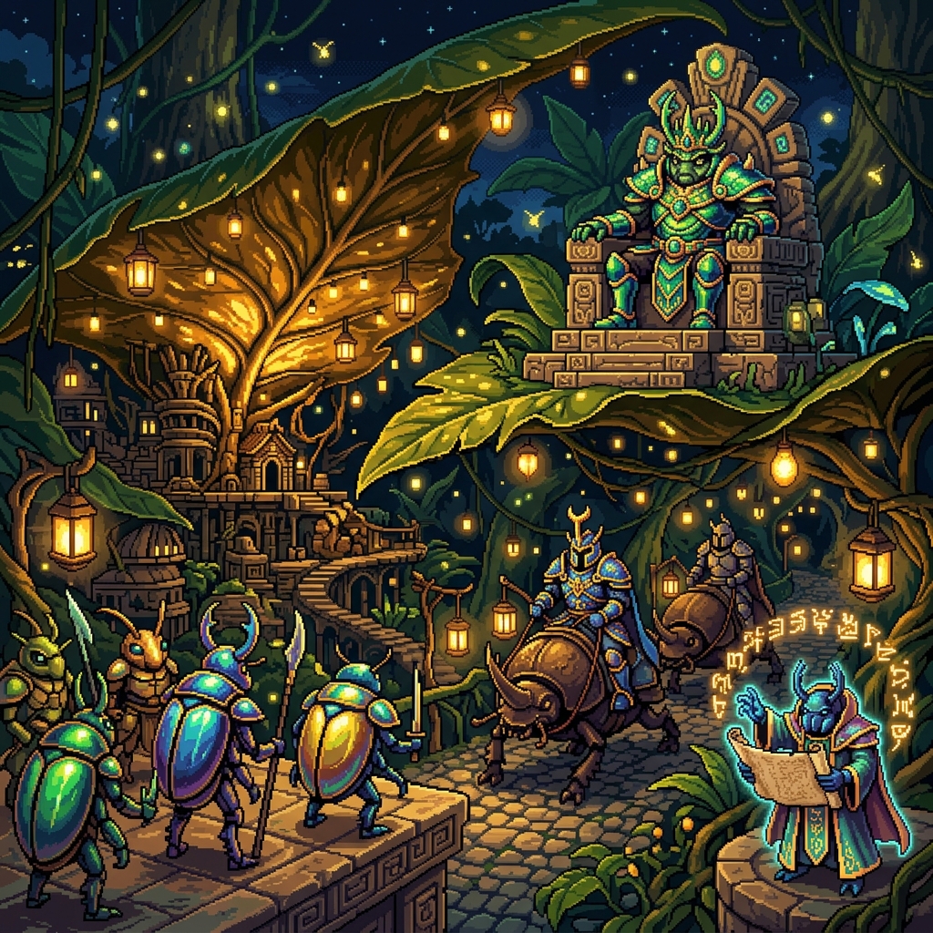 Pixel art cover of The Canopy Empire showing iridescent beetle warriors, a scarab mage, and a beetle king under leaf-canopy lanterns with firefly lights