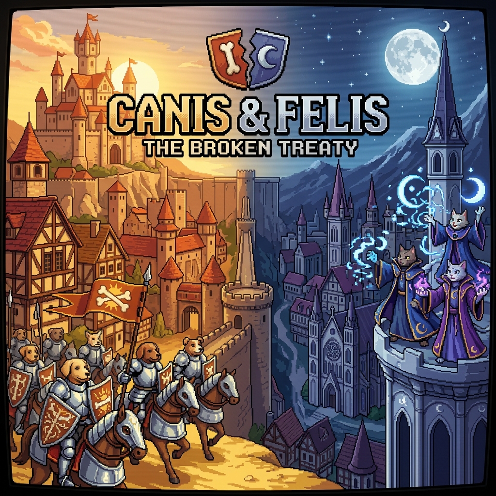 Pixel art cover of Canis and Felis showing dog knights in sunlit armor and cat wizards casting moon magic across a divided fantasy city
