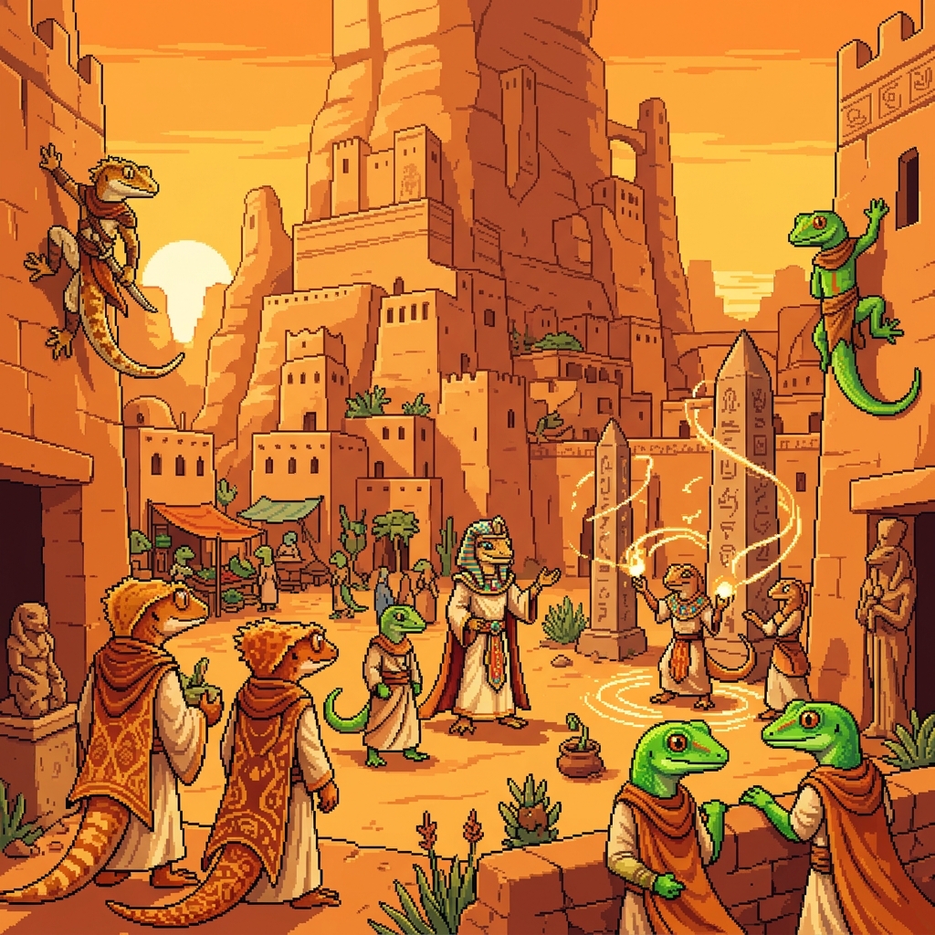 Pixel art cover of The Adheric Reach showing gecko pharaoh and clan members in a sun-baked canyon city with wall-climbing warriors and sun magic obelisks
