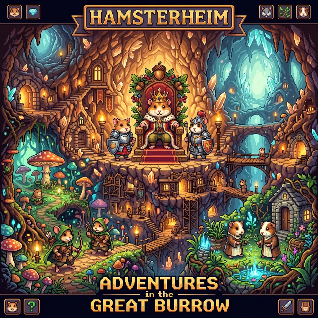 Pixel art cover of Hamsterheim showing a hamster king on an acorn throne in a glowing crystal burrow city with gerbil scouts and guinea pig healers