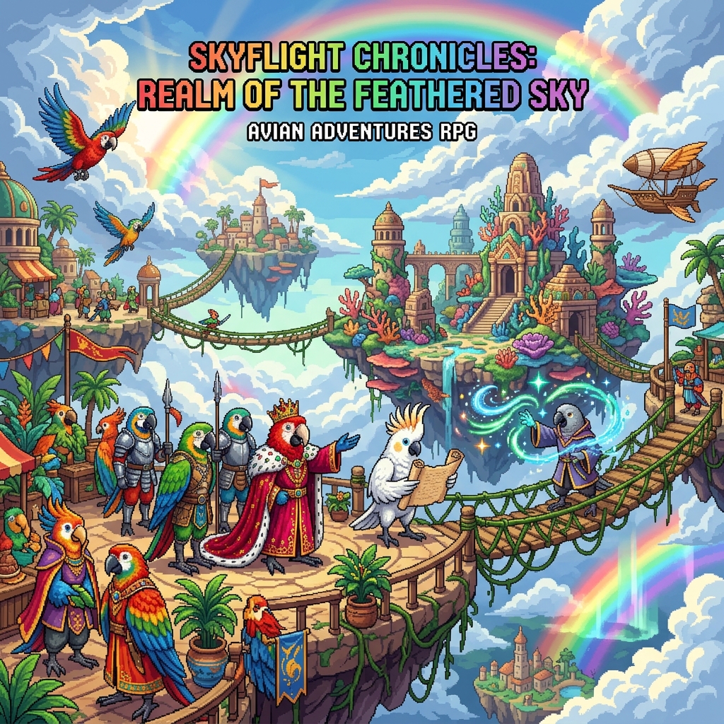 Pixel art cover of The Feathered Sky showing colorful parrot-folk nobles, scholars, and wizards on floating island platforms with vine bridges and rainbow auroras