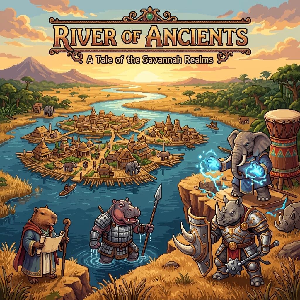 Pixel art cover of River of Ancients showing capybara diplomat, hippo warrior, rhino paladin, and elephant mage in a savanna river delta city at sunset