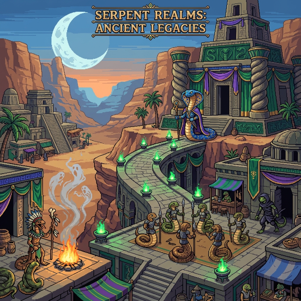 Pixel art cover of Serpent Realms showing cobra nobility, serpent-folk warriors, and rattlecaller shamans in a desert canyon temple city under moonrise