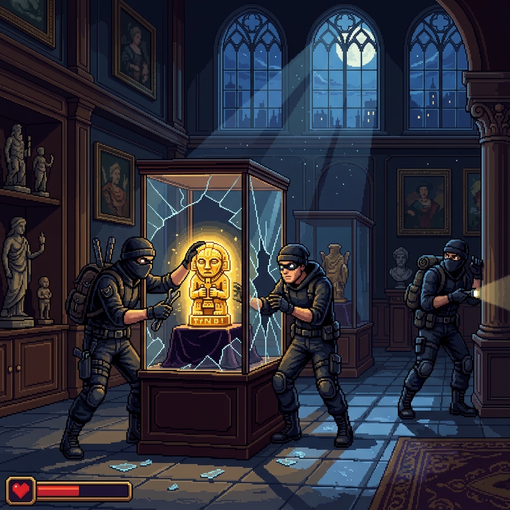 Pixel art thieves carefully removing a glowing ancient artifact from a wealthy collector's vault, moonlight through high windows