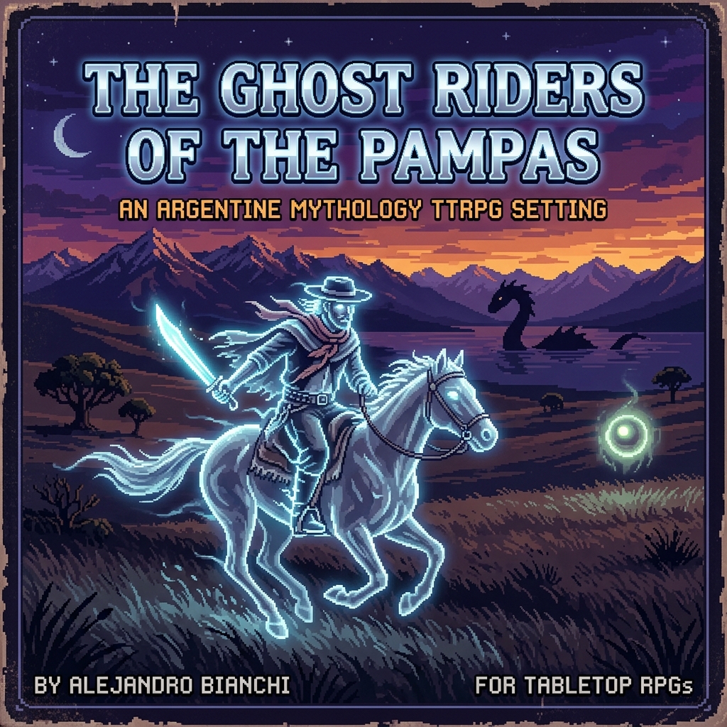 Pixel art cover of The Ghost Riders of the Pampas showing a ghostly gaucho riding across the Argentine plains with a Luz Mala light