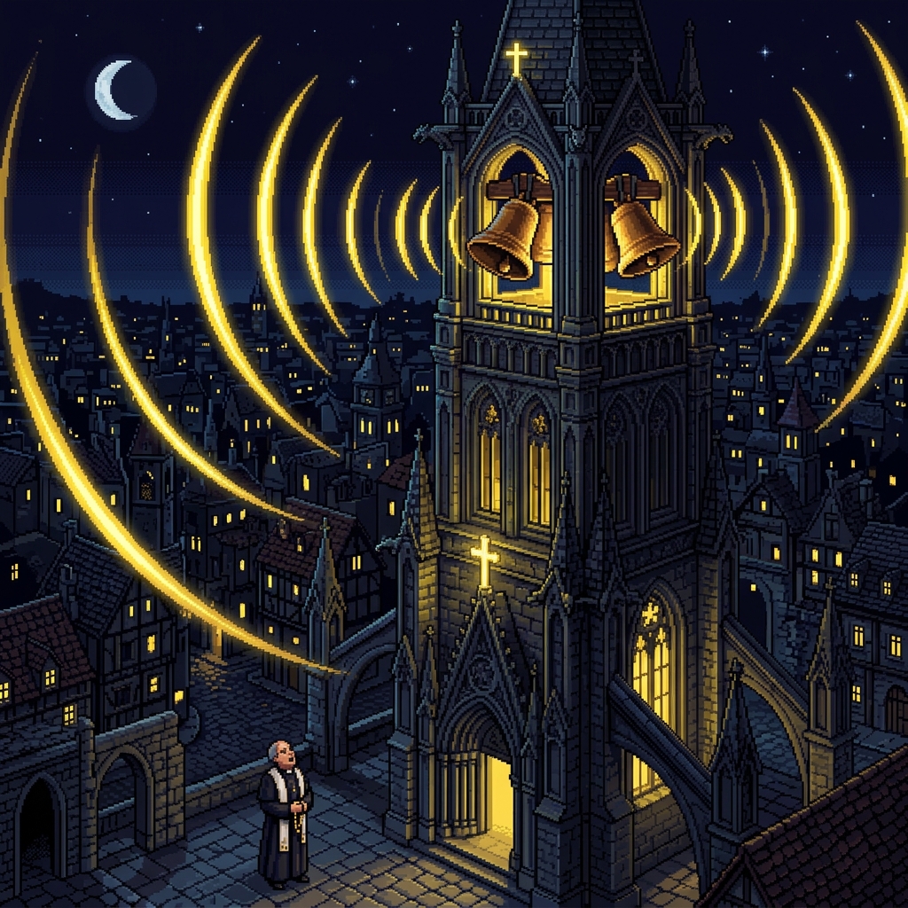 Pixel art cathedral bell tower ringing at night with spectral sound waves rippling across a dark city