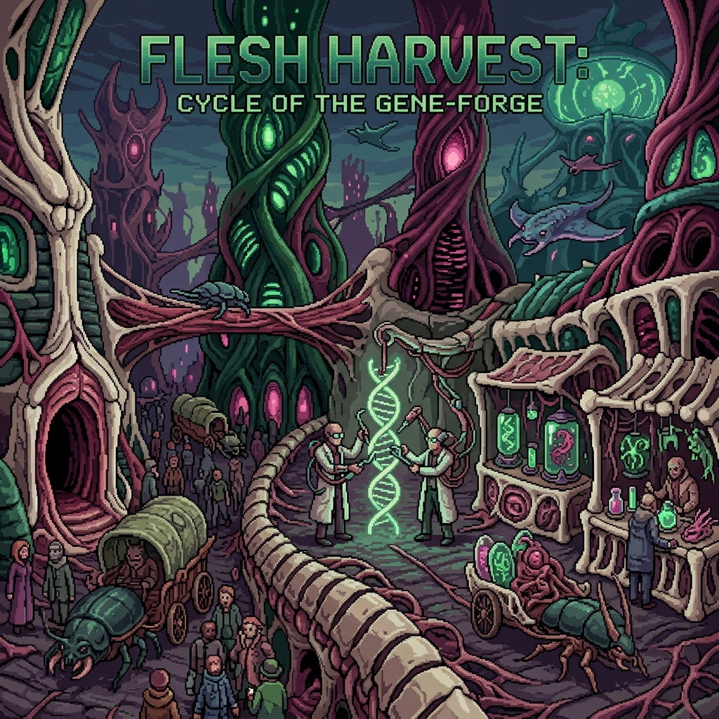 Pixel art cover of The Gene-Forge showing a bioluminescent organic city with flesh-towers, DNA-strand bridges, and a marketplace of living modifications