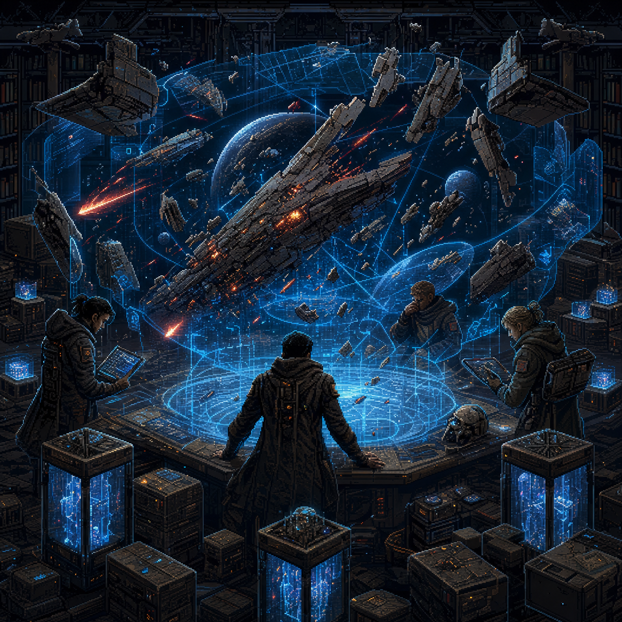 Pixel art investigators examining glowing data cores in a military archive
