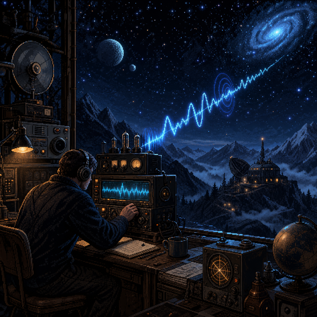 Pixel art radio operator listening to a glowing blue frequency in a dark room