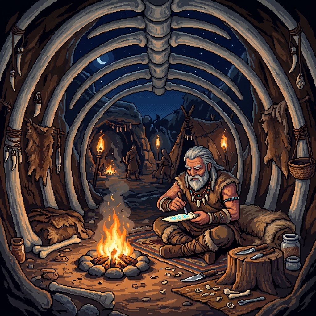 Pixel art tribal bone carver sitting by a fire inside a massive mammoth ribcage crafting a runic ivory blade