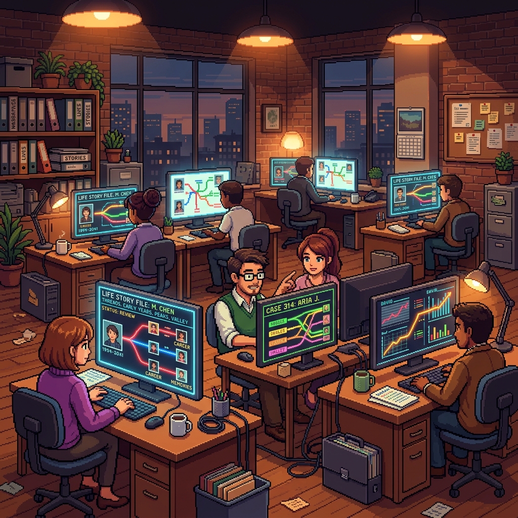 Pixel art office with agents at desks reviewing glowing life story files, someone's story ending scroll visible on screen