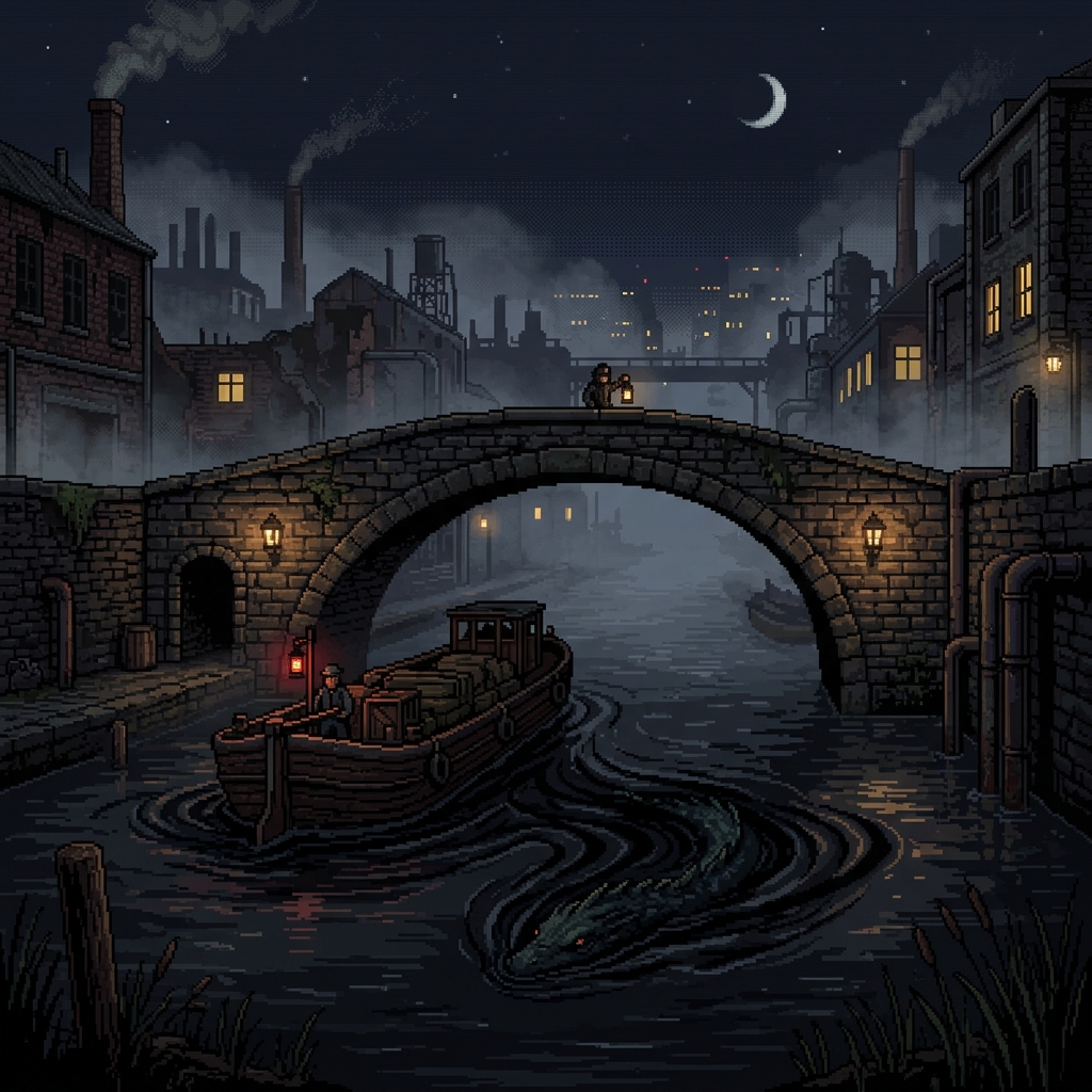 Pixel art dark foggy canal at night with a barge passing beneath a stone bridge, something moving beneath the water
