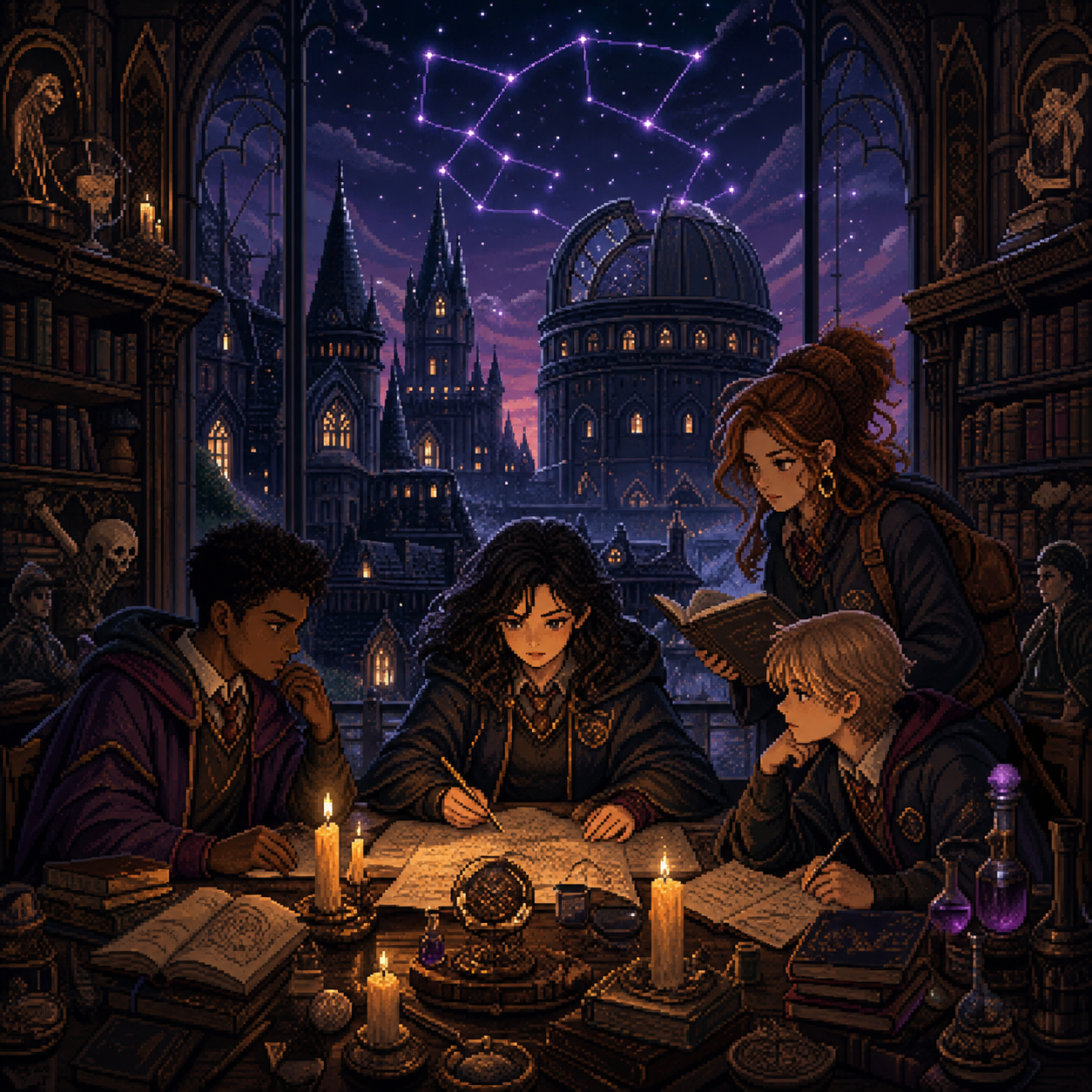 Pixel art students with candles investigating a magical university observatory