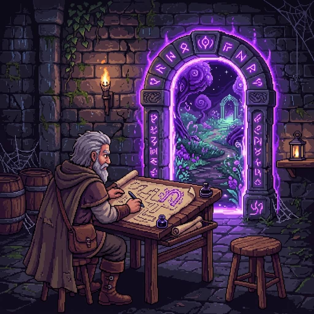 Pixel art mapmaker sketching a door that has appeared in a wall with a spectral landscape beyond