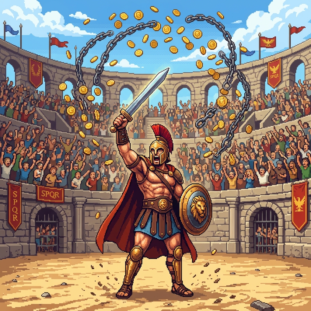 Pixel art gladiator raising a weapon in a crowded arena with golden coins and chains symbolizing debt