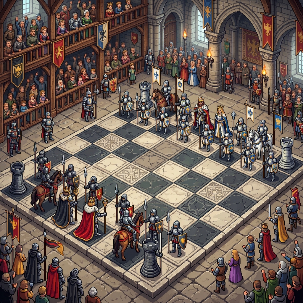 Pixel art massive stone chessboard with living human pieces in noble armor, two opposing houses facing off