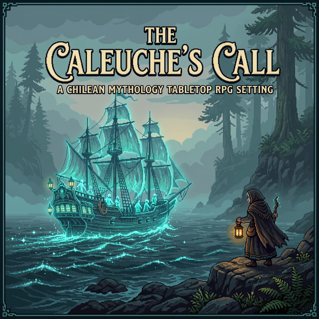 Pixel art cover of The Caleuche's Call showing a spectral ghost ship in the fog channels of Chiloé with a bruja on the shore