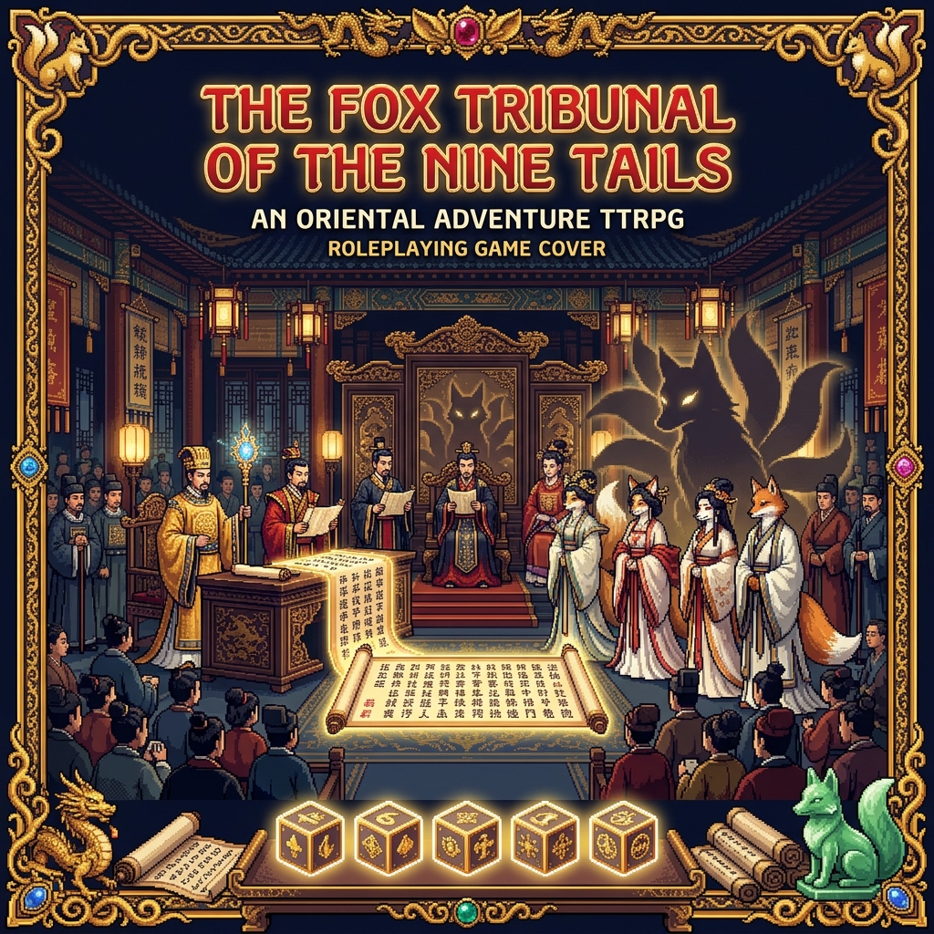 Pixel art cover of The Fox Tribunal of the Nine Tails showing Spirit Investigators in imperial robes reviewing evidence at a hearing where fox spirits in human form face an imperial tribunal
