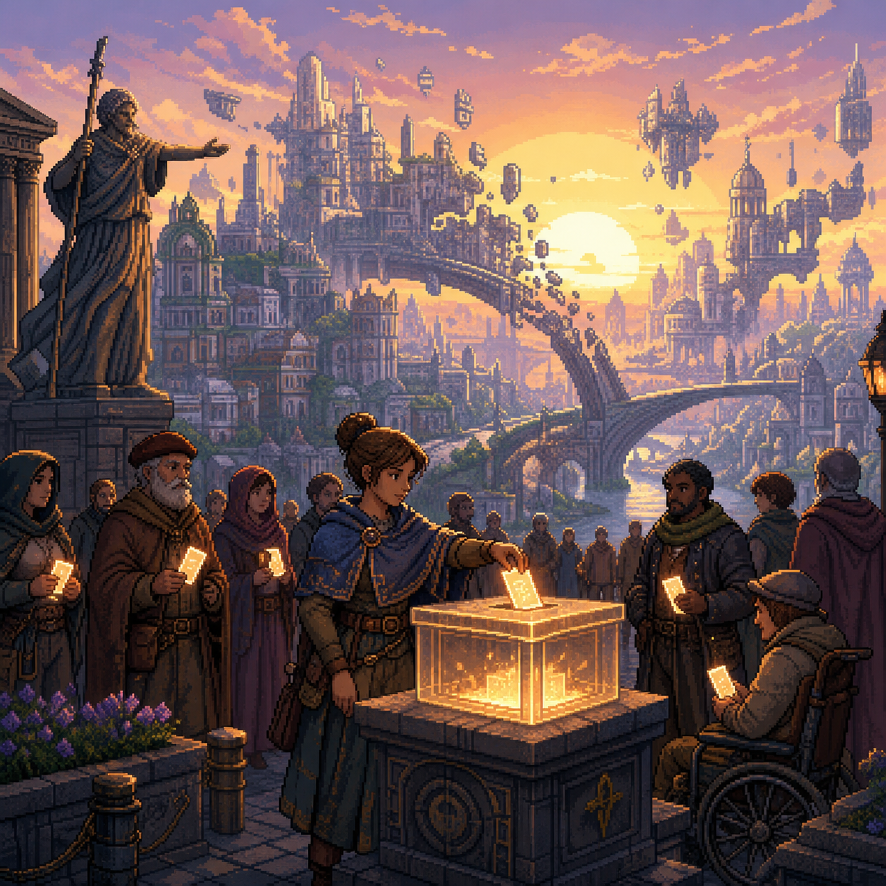 Pixel art citizens voting as a city shifts around them at sunrise