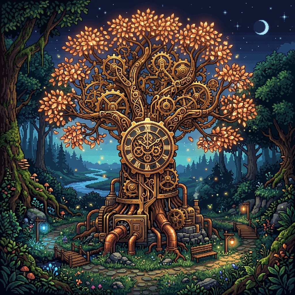 Pixel art majestic towering clockwork tree made of polished brass gears and copper leaves glowing in a mystical forest clearing
