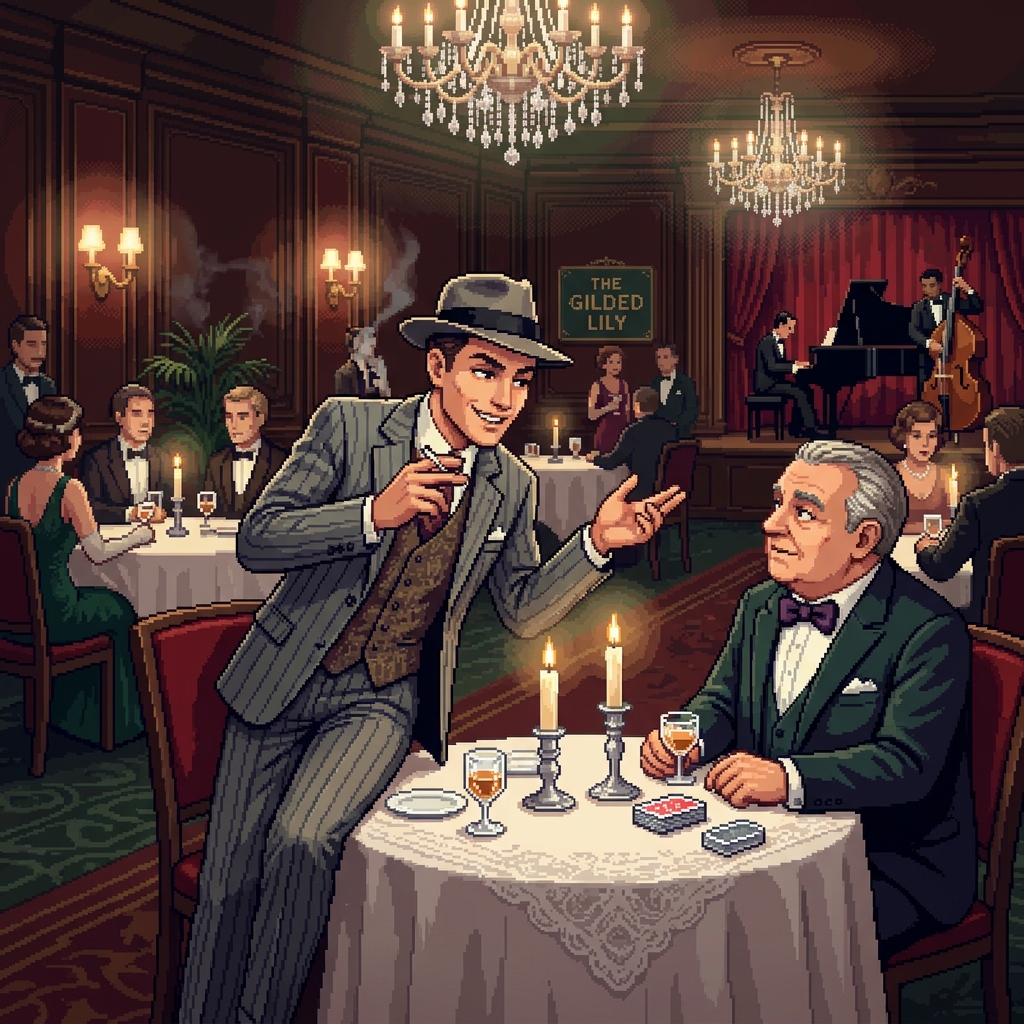 Pixel art elegant 1930s restaurant scene with a well-dressed confidence artist leaning across a table in conversation with a wealthy mark