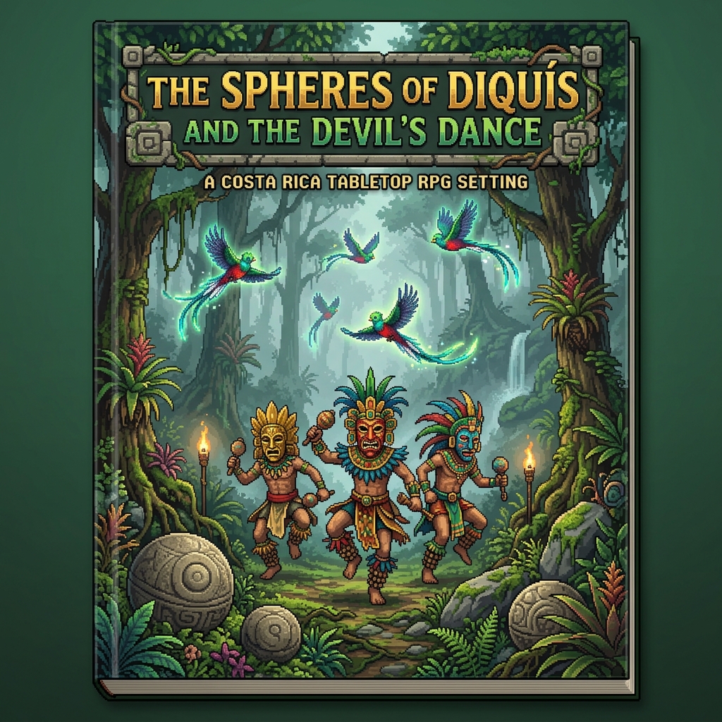 Pixel art cover of The Spheres of Diquís and the Devil's Dance by Alex Merced