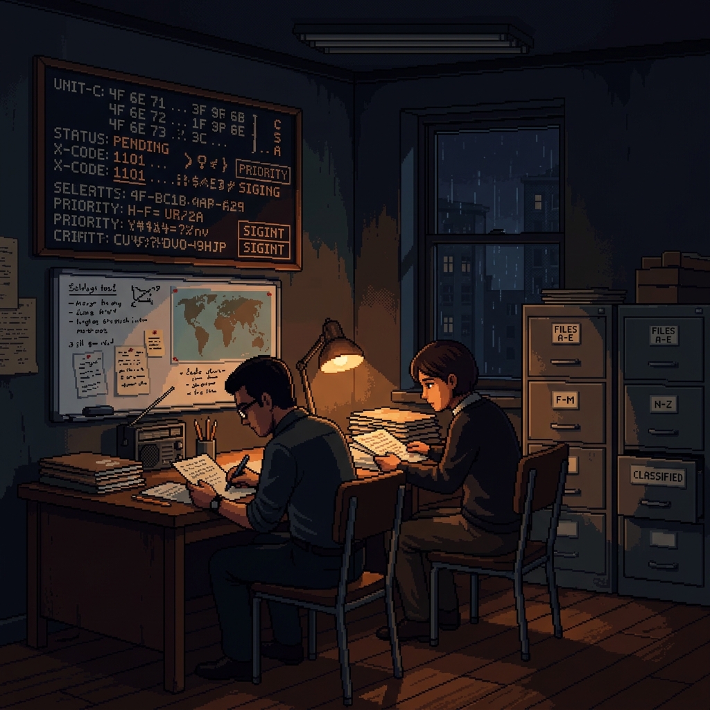 Pixel art sparse intelligence office at night with analysts reviewing documents by lamplight, coded messages on a board