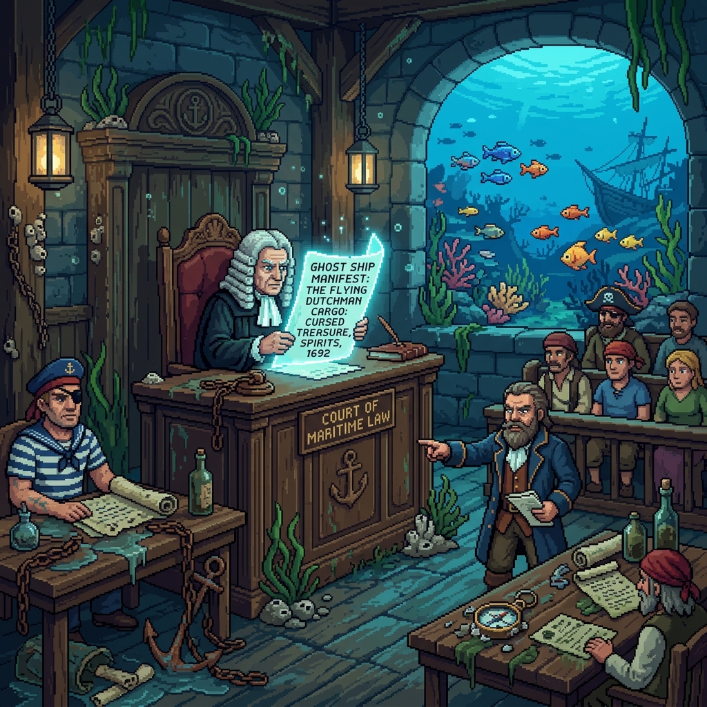 Pixel art maritime courtroom with waterlogged evidence and a judge examining supernatural salvage claims