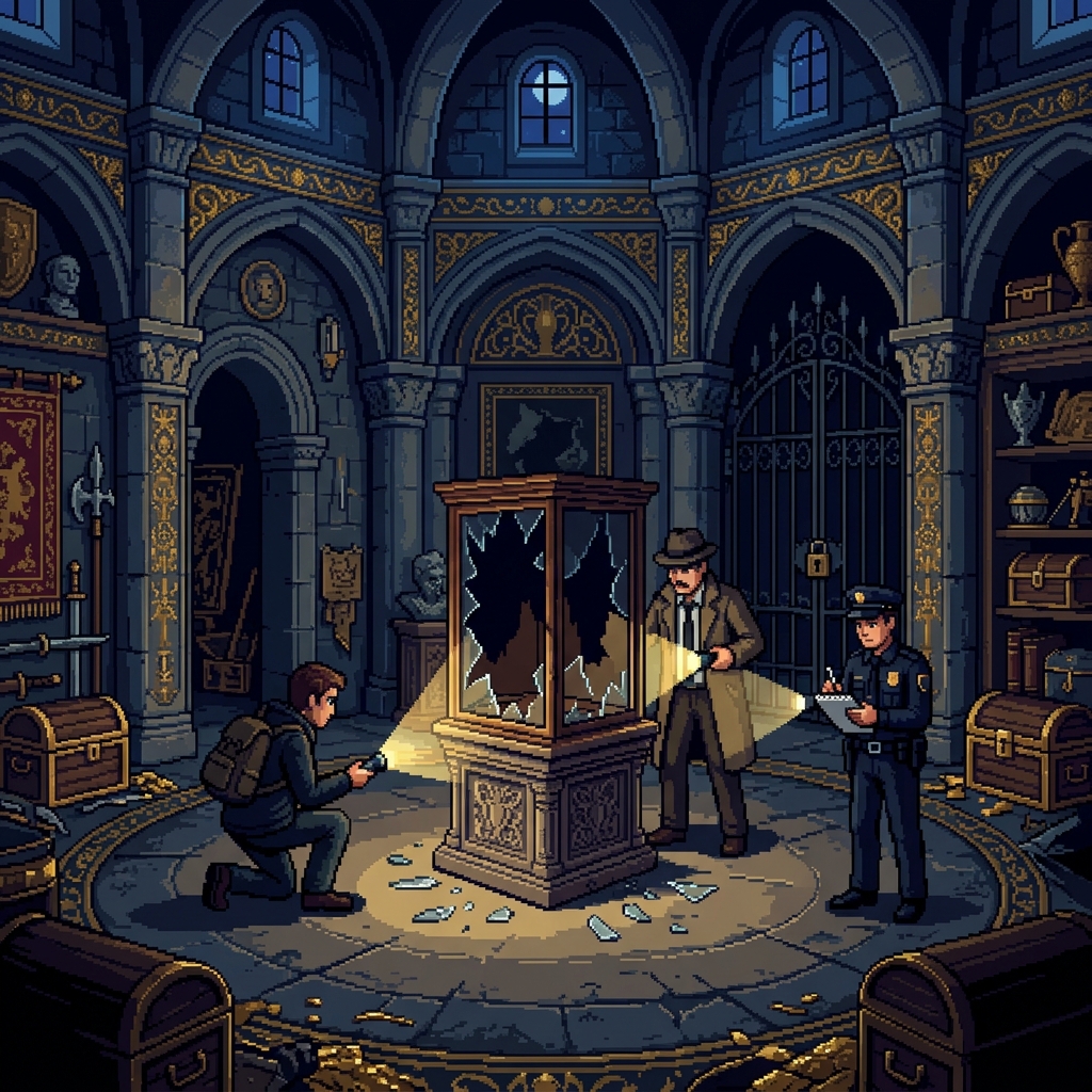 Pixel art ornate royal vault at night with investigators examining an empty display case, scattered documents nearby