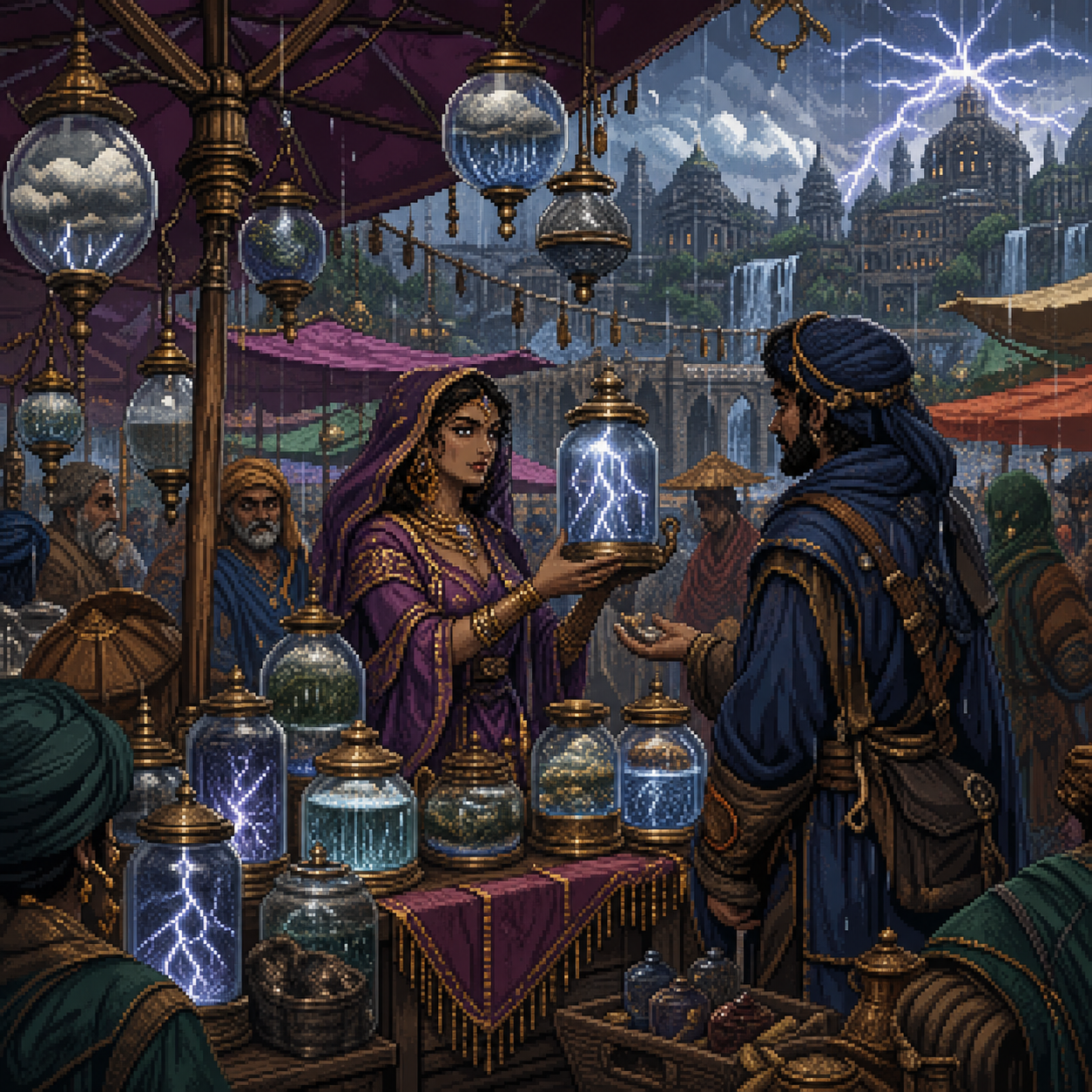 Pixel art stormcallers auctioning rain clouds at an open-air market