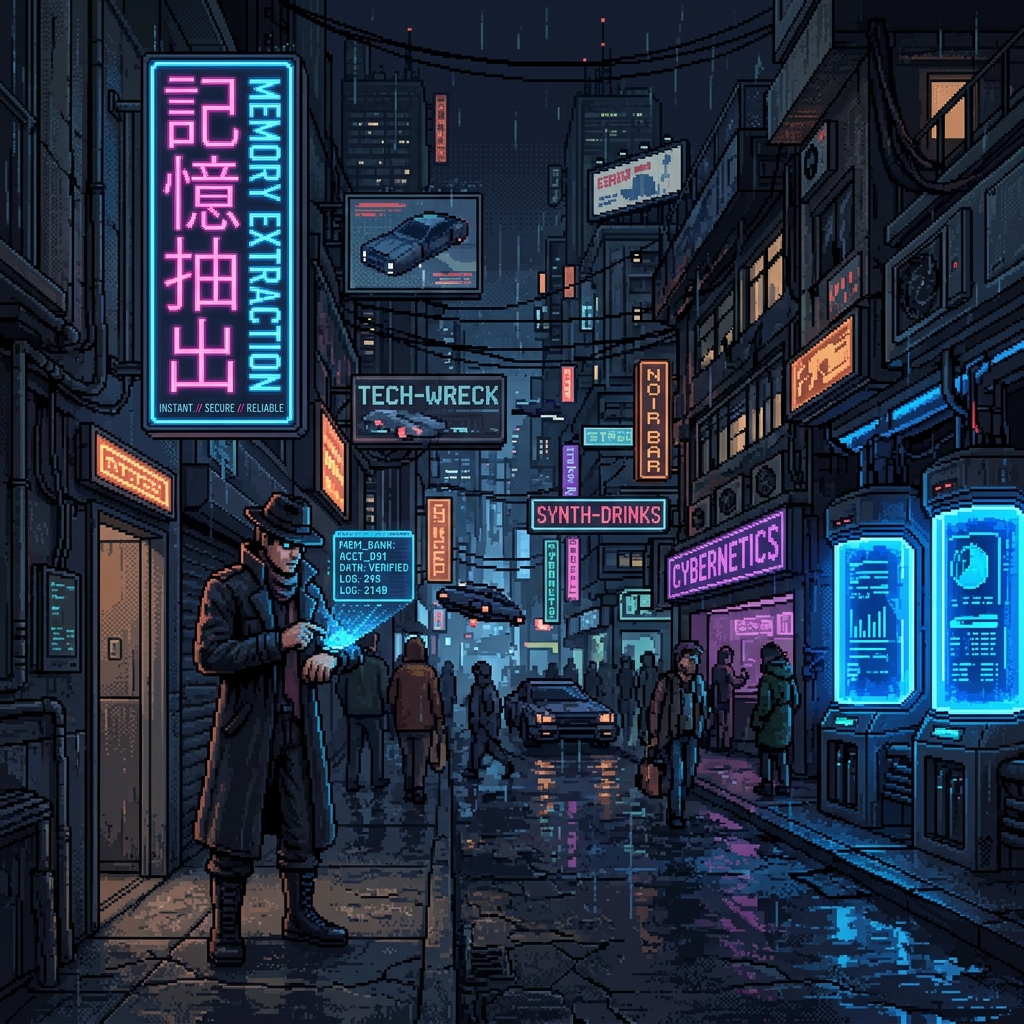 Pixel art noir city street with memory banks glowing blue and a figure checking a digital ledger