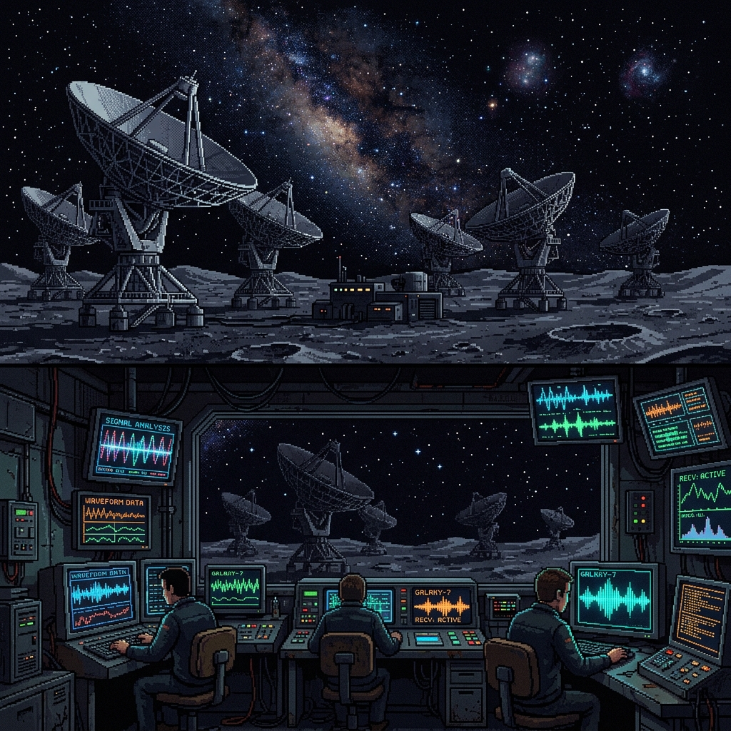 Pixel art massive radio telescope array under a starry lunar sky with glowing waveform patterns on monitors inside the control room