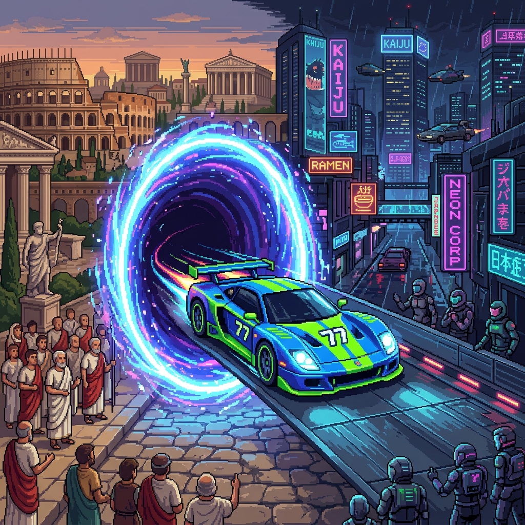 Pixel art racers in futuristic vehicles speeding through a portal between ancient Rome and a neon future city
