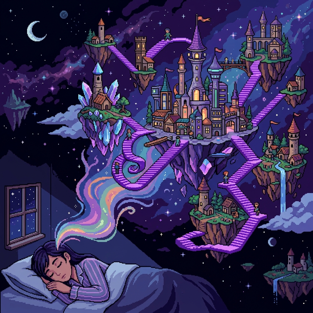 Pixel art surreal floating city landscape inside a sleeping person's mind with glowing purple staircases defying gravity