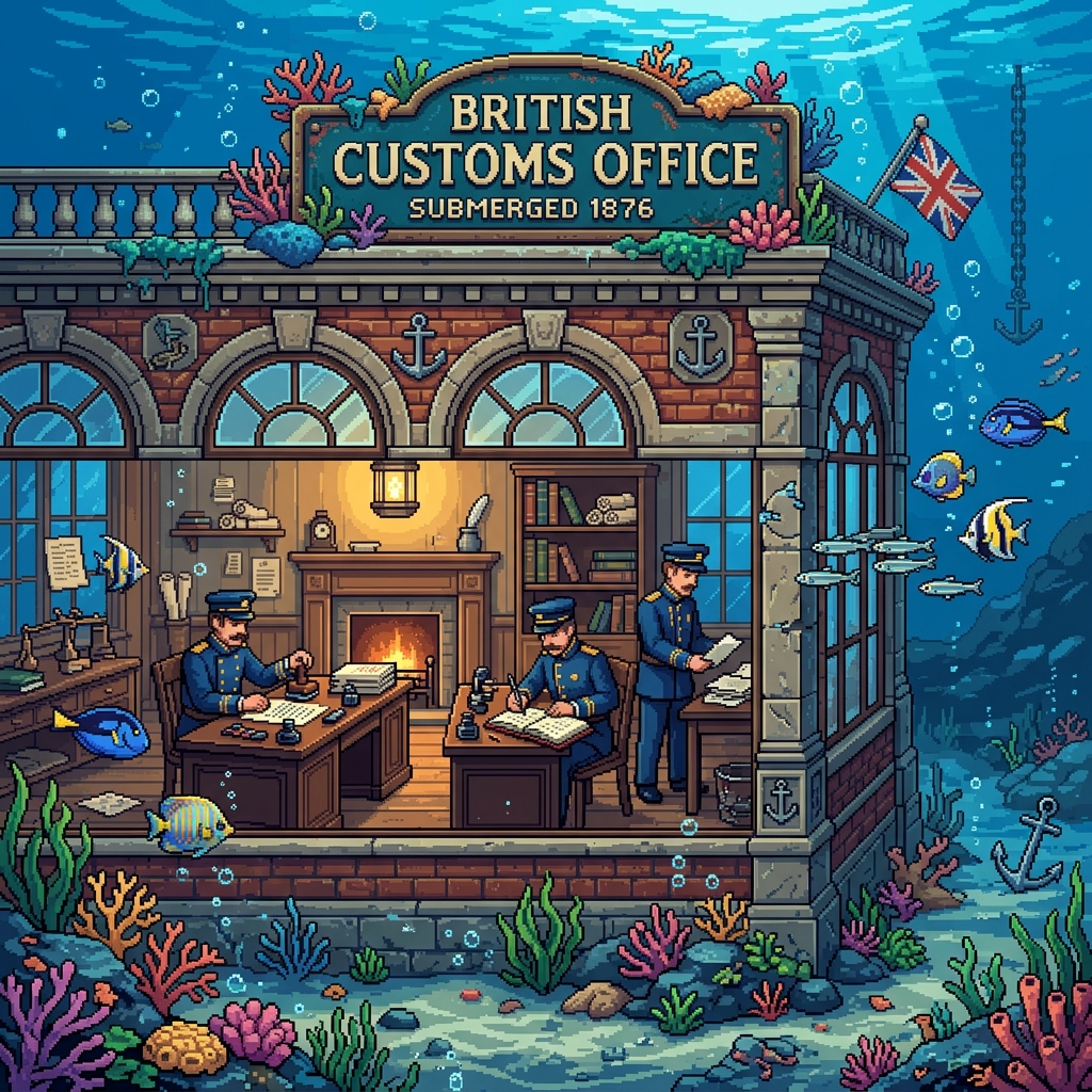 Pixel art underwater customs office with clerks in old uniforms stamping waterproofed documents, fish swimming past the windows