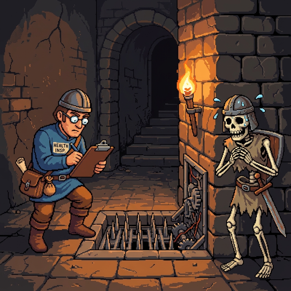 Pixel art dungeon health inspector with clipboard examining a trap mechanism while a nervous skeleton guard watches nearby