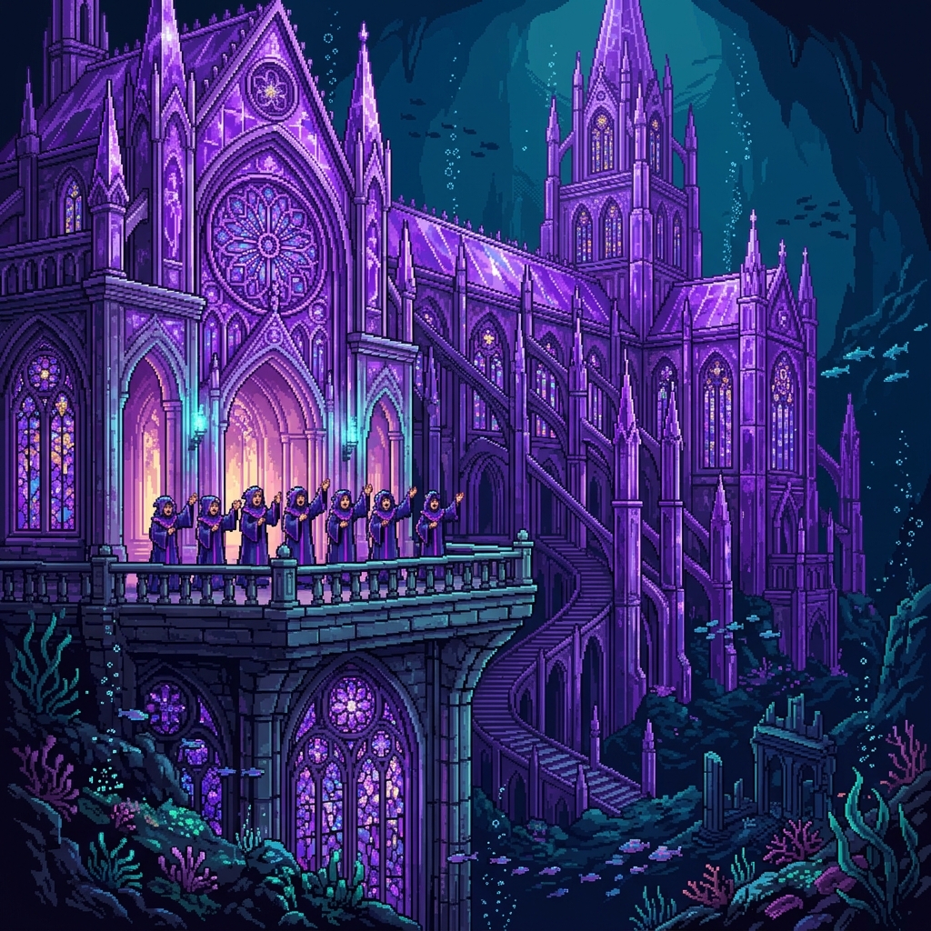 Pixel art vast underwater gothic cathedral made of glowing purple crystal with robed singers performing on a stone balcony