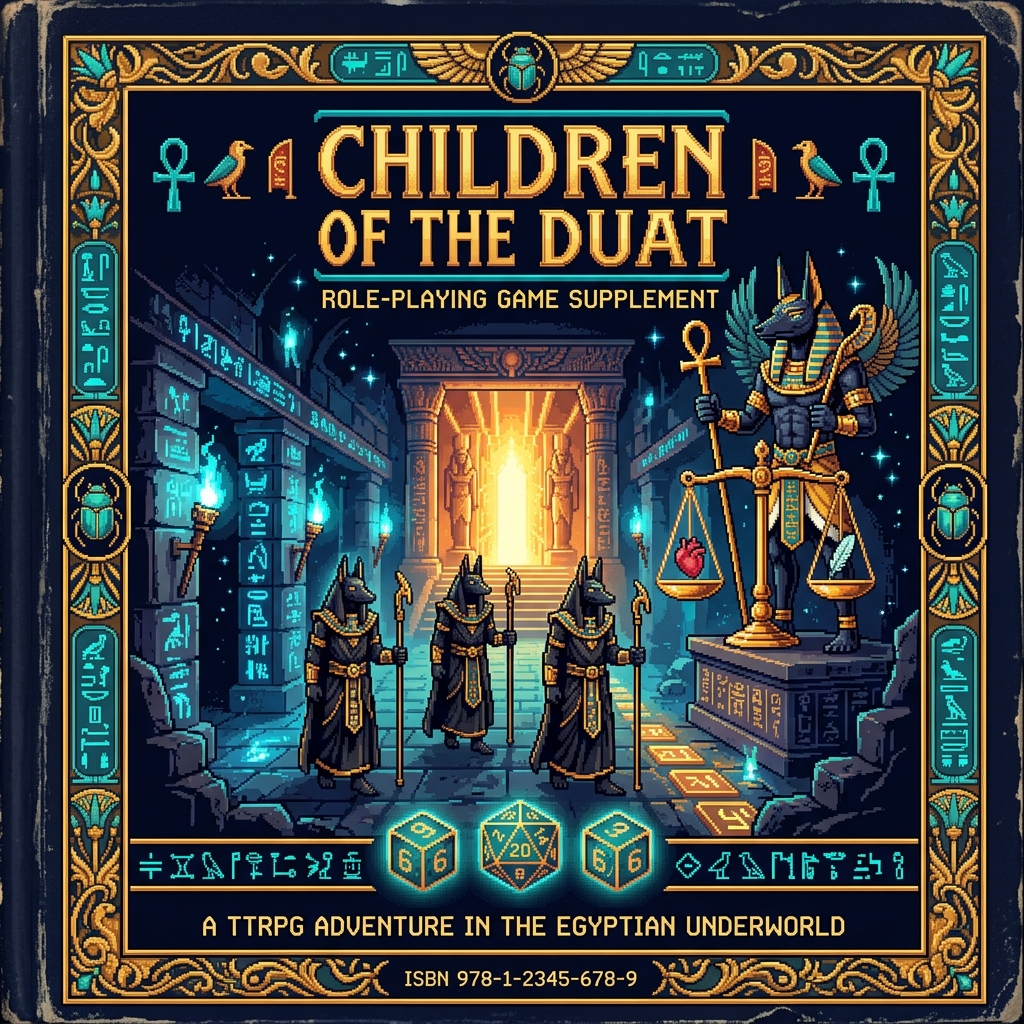 Pixel art cover of Children of the Duat showing Sem-Priests of Anubis navigating a glowing underworld corridor toward the Hall of Two Truths with Anubis watching over them