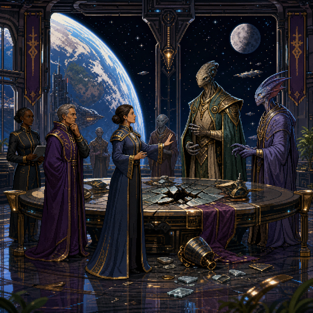 Pixel art diplomats in a space station meeting room facing alien geometric displays