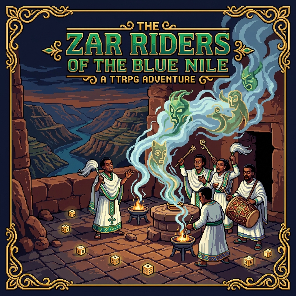 Pixel art cover of The Zar Riders of the Blue Nile showing an Ethiopian Zar healer in ceremonial dress performing a ritual negotiation with spirit forms visible in the incense smoke