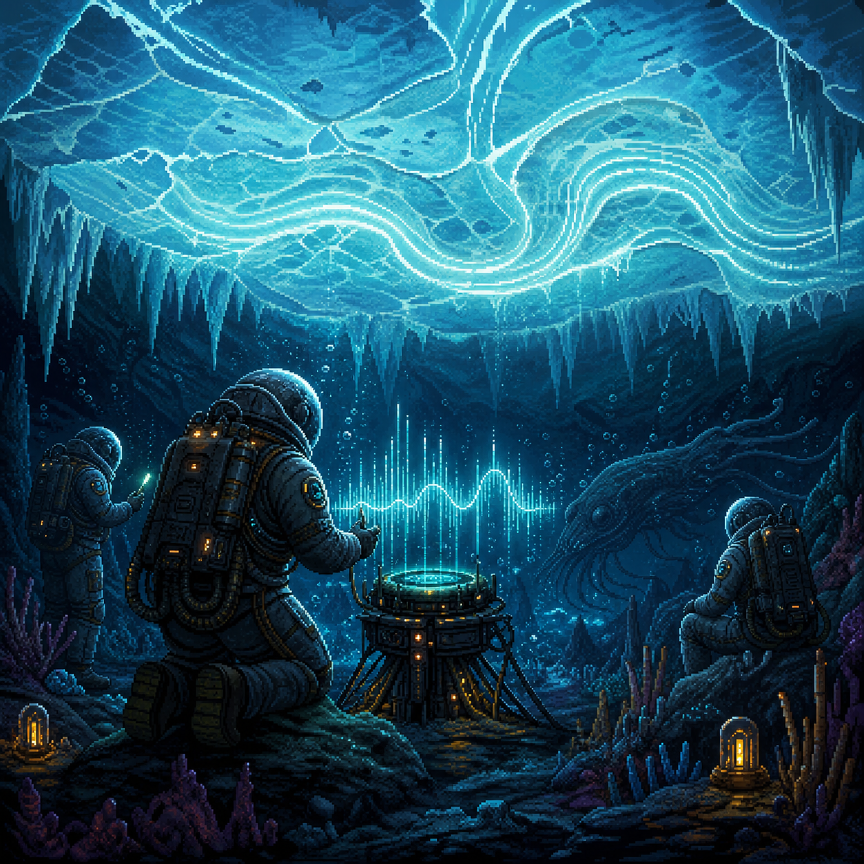 Pixel art researchers listening beneath Europa's ice