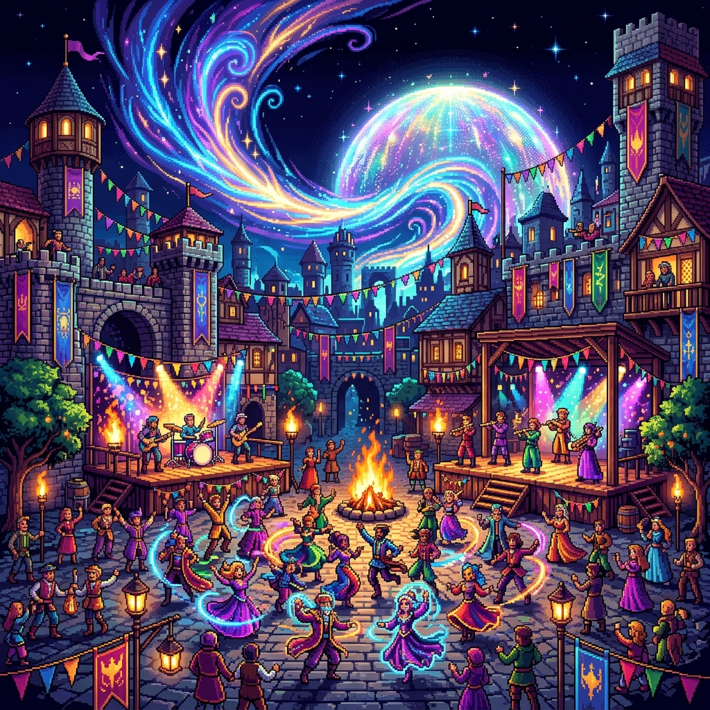 Pixel art revelers dancing in a bright city square with magical energy swirling above them