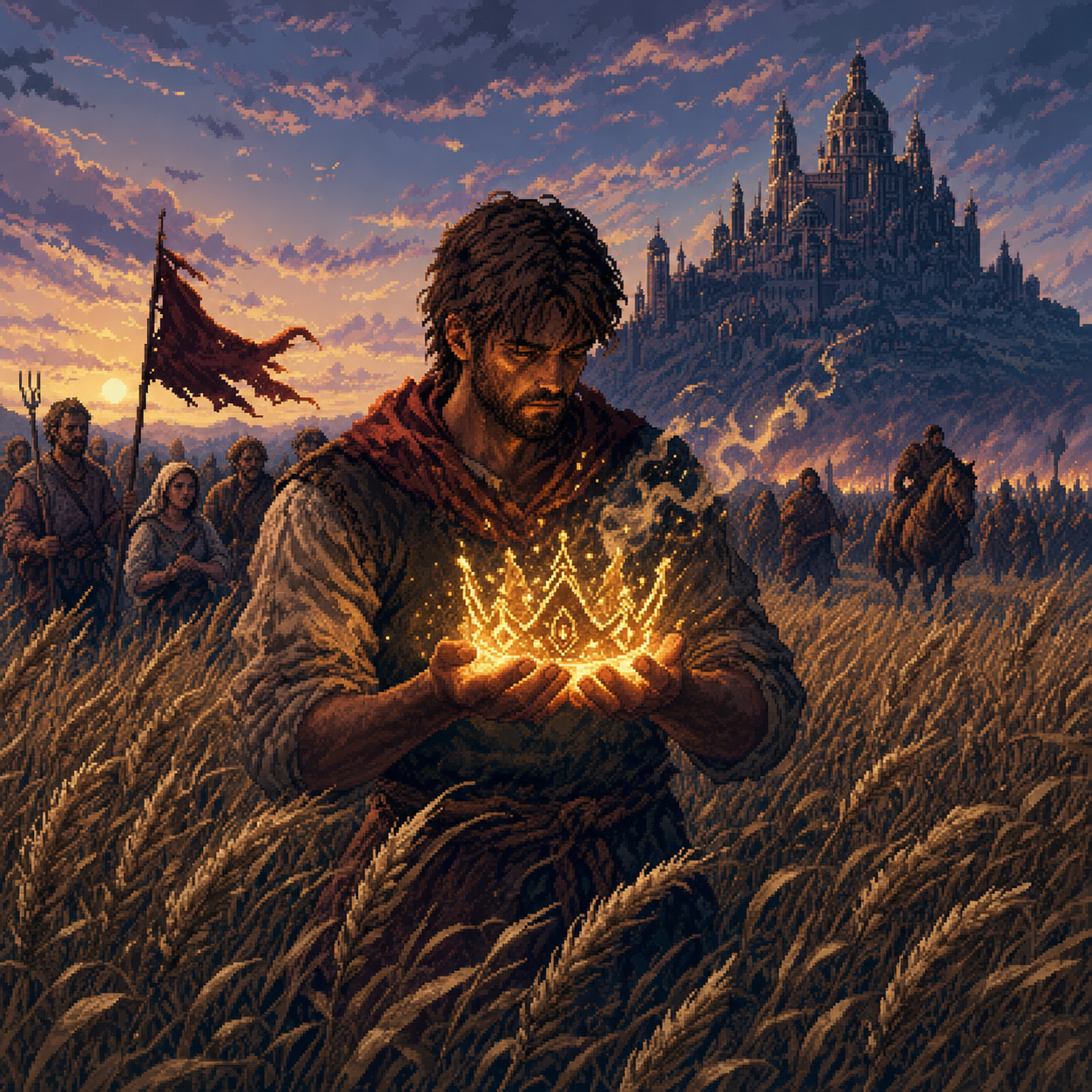 Pixel art farmers in golden fields with a spectral crown hovering above the horizon