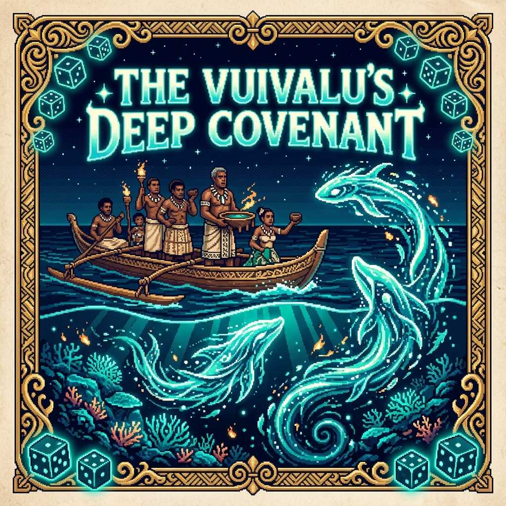 Pixel art cover of The Vuivalu's Deep Covenant showing Fijian Dato practitioners on an outrigger canoe performing a ceremony at a glowing reef while Vuivalu sea spirit forms rise from the water