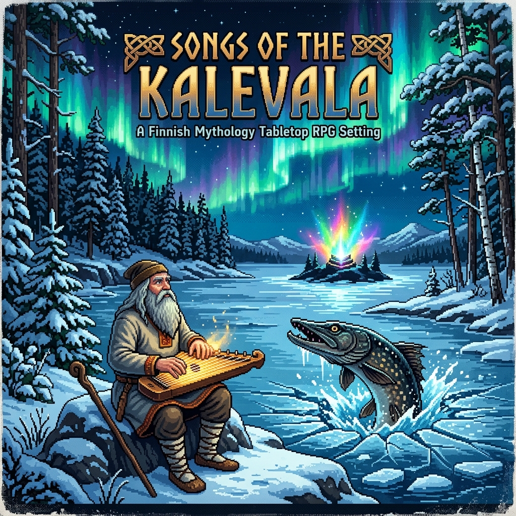 Pixel art cover of Songs of the Kalevala showing Väinämöinen playing kantele by a frozen Finnish lake with the Sampo glowing on an island
