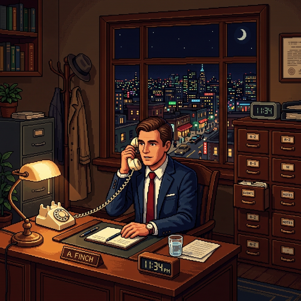 Pixel art well-dressed fixer at a desk in a quiet office, a large card file to one side, phone in hand, city visible through the window at night