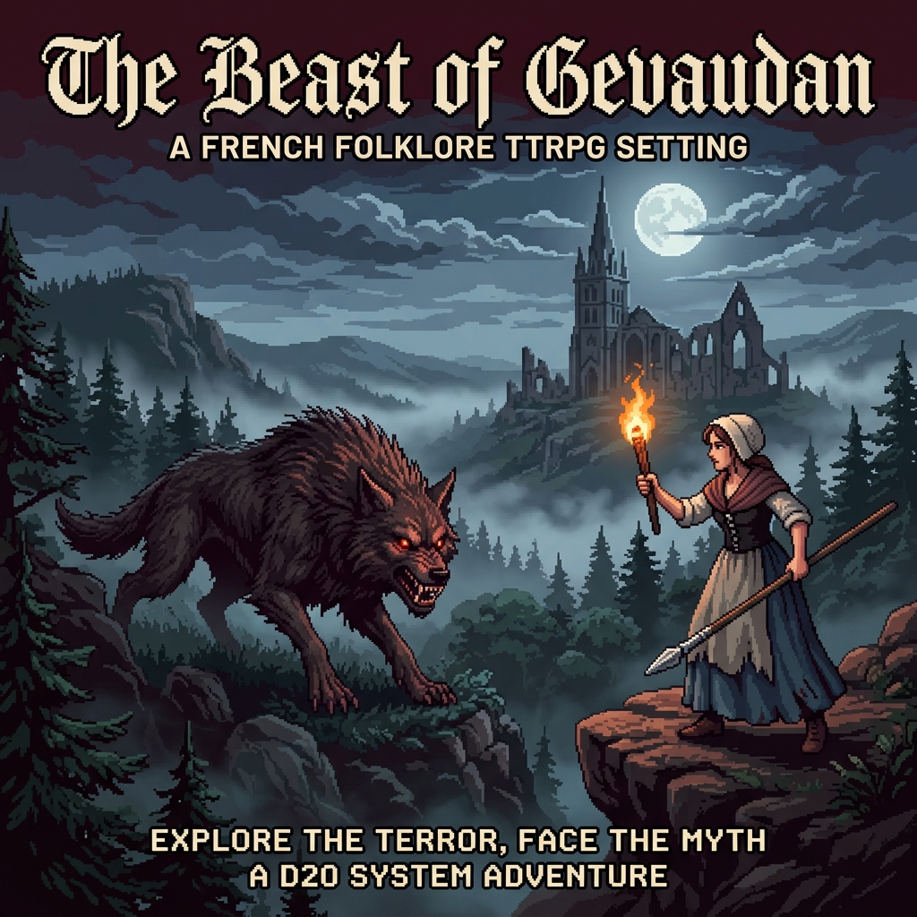 Pixel art cover of The Beast of Gevaudan showing a massive wolf-beast and a defiant peasant woman with torch
