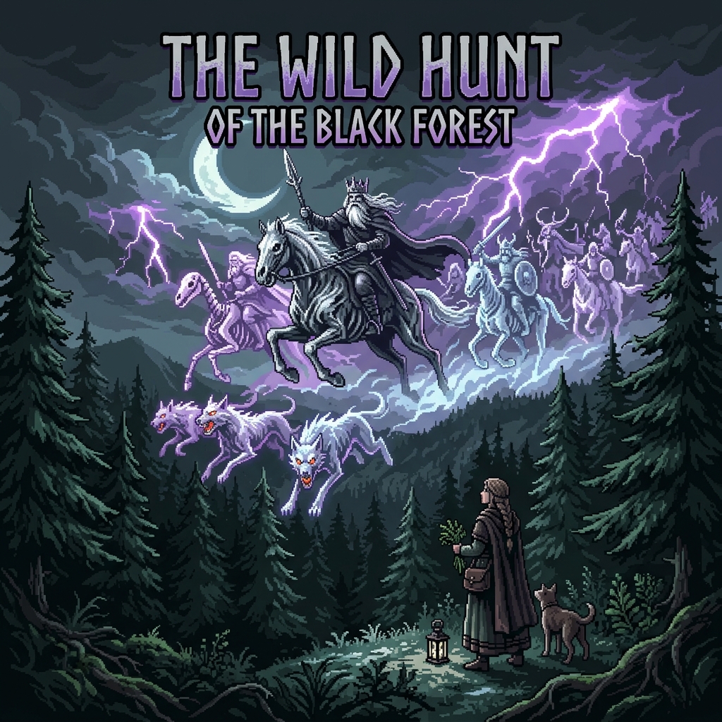 Pixel art cover of The Wild Hunt of the Black Forest showing spectral riders in the sky above the Schwarzwald with a herbalist woman watching from a clearing
